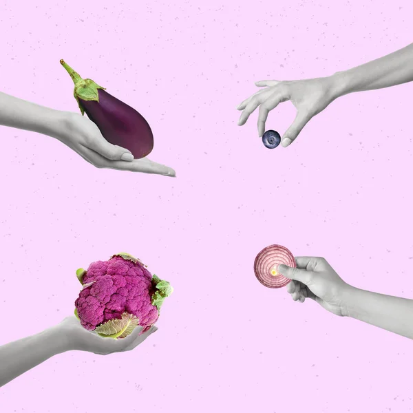 Комплект Различными Видами Фиолетовых Овощей Фруктов Руках Баклажан Цветная Капуста — стоковое фото