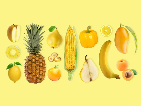 Layout Criativo Feito Diferentes Frutas Legumes Amarelos Conceito Alimentos Frescos — Fotografia de Stock