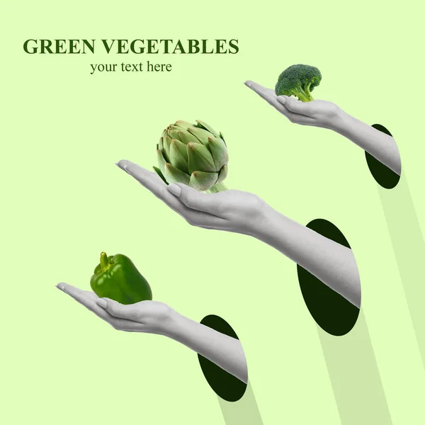 Colagem Arte Contemporânea Mãos Com Vegetais Verdes Diferentes Alcachofra Brócolis — Fotografia de Stock