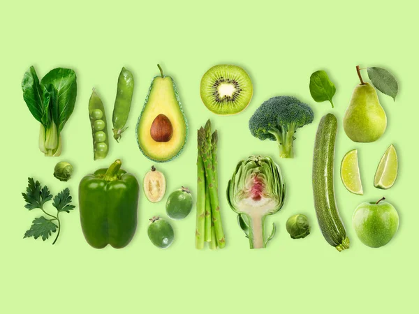 Mise Page Créative Faite Différents Fruits Légumes Verts Concept Alimentation — Photo