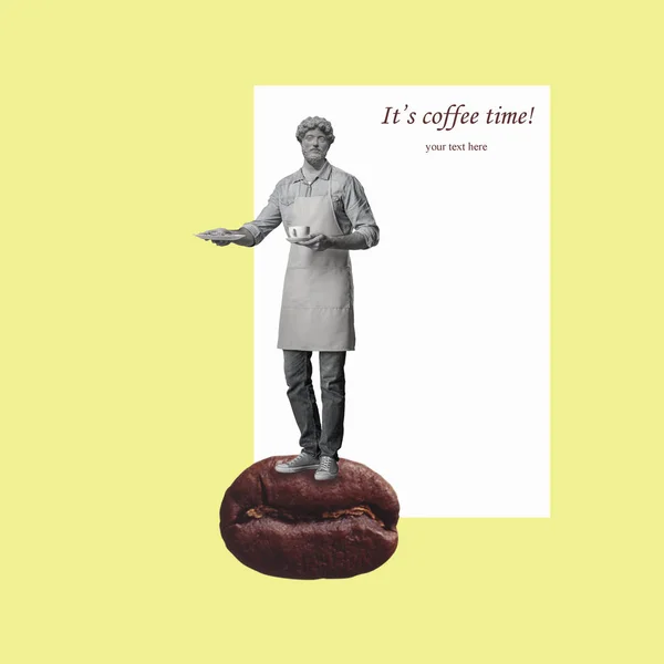 Creative art collage of a man headed by a statue head holding a cup and plate. It is coffee time. Waiter offering to take a break from work for rest. Copy space.