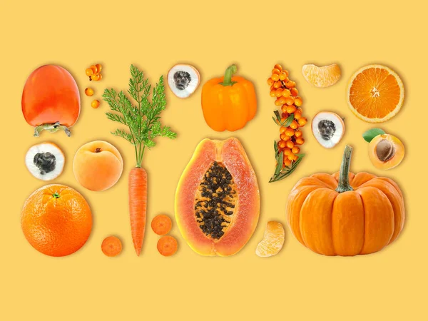 Mise Page Créative Faite Différents Fruits Légumes Orange Concept Alimentation — Photo