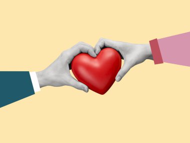 Çağdaş sanat kolajı insan eli bir kalp tutuyor. Modern tasarım. Tatiller ve aşk kavramları. Kadınlar Günü, Sevgililer Günü. Tebrik kartı. Boşluğu kopyala.