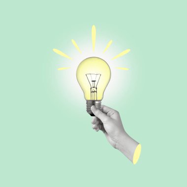 Ampulü tutan bir elin modern sanat kolajı. Yaratıcılık ve iş dünyasında yeni fikirler. Boşluğu kopyala. 