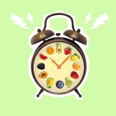 Çalar saatin farklı meyveli geçici sanat kolajı. Sağlıklı beslenme konsepti. Boşluğu kopyala.