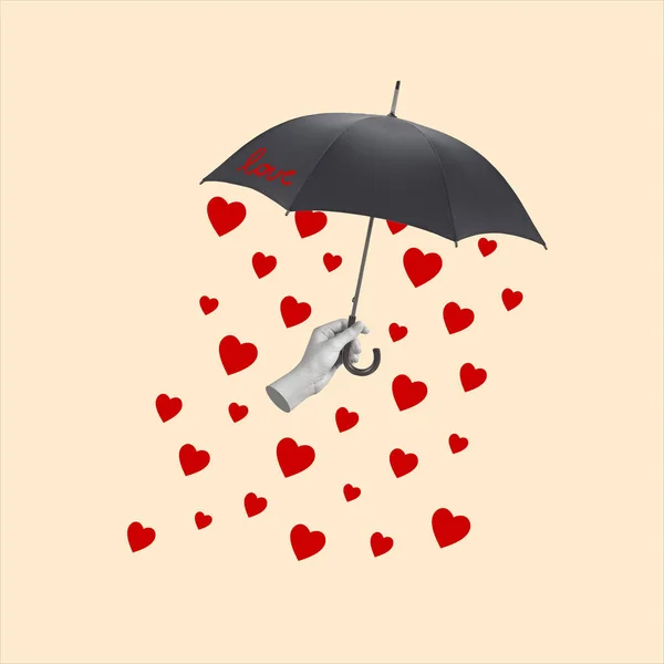当代的艺术拼贴手拿着雨伞从心窝中雨点而下 现代设计 假期和爱情的概念 儿童节 情人节 问候卡 复制空间 — 图库照片