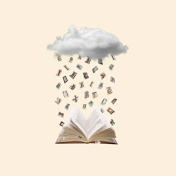 Rain of letters falling into a book. Contemporary art collage.  Education, reading, science and literature concept. Reading is a hobby.