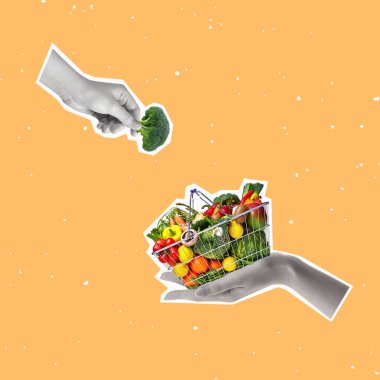 Contemporary art collage of hands, shopping basket and broccoli. The concept of buying groceries. Copy space for ad.