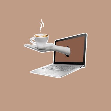 Contemporary art collage with human hand holding cup of coffee and laptop. Relaxation concept. Break from work for rest. Copy space.