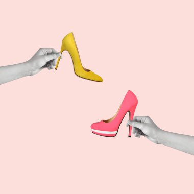 Creative collage of hands holding bright stylish shoes. Beauty and fashion concept. Copy space.