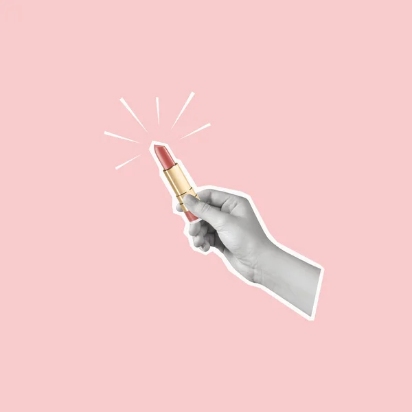 Contemporary Art Collage Hand Holding Lipstick Concept Art Creativity Imagination — 스톡 사진