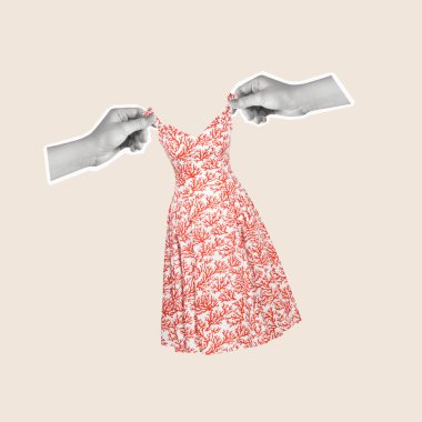 Contemporary art collage of hands holding dress. The concept of women's fashion clothes. Modern design. Copy space for ad. 
