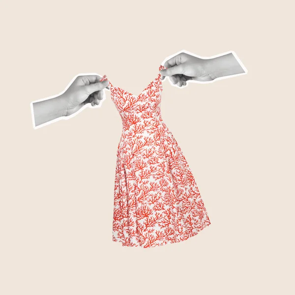 Contemporary art collage of hands holding dress. The concept of women's fashion clothes. Modern design. Copy space for ad.