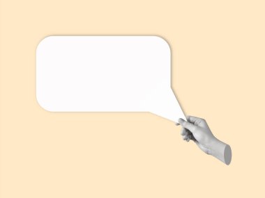 Contemporary art collage of human hand holding dialogue bubble. Concept of communication, news, chat. Dialog importance. Copy space.