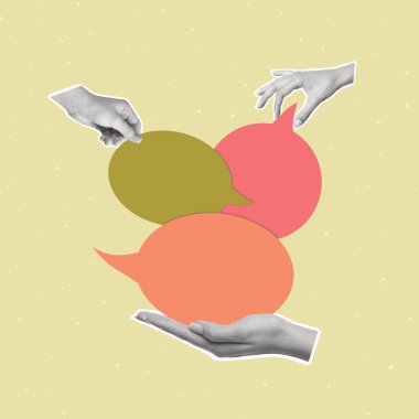 Contemporary art collage of human hands holding dialogue bubble. Concept of communication, news, chat, infographic. Creative design. Copy space.