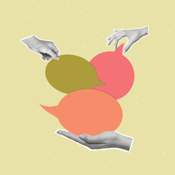 Contemporary Art Collage Human Hands Holding Dialogue Bubble Concept Communication — стоковое фото