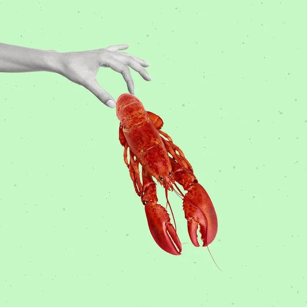 手を握ってザリガニの現代美術のコラージュ 淡水甲殻類を調理するという概念 モダンなデザイン 広告のコピースペース — ストック写真