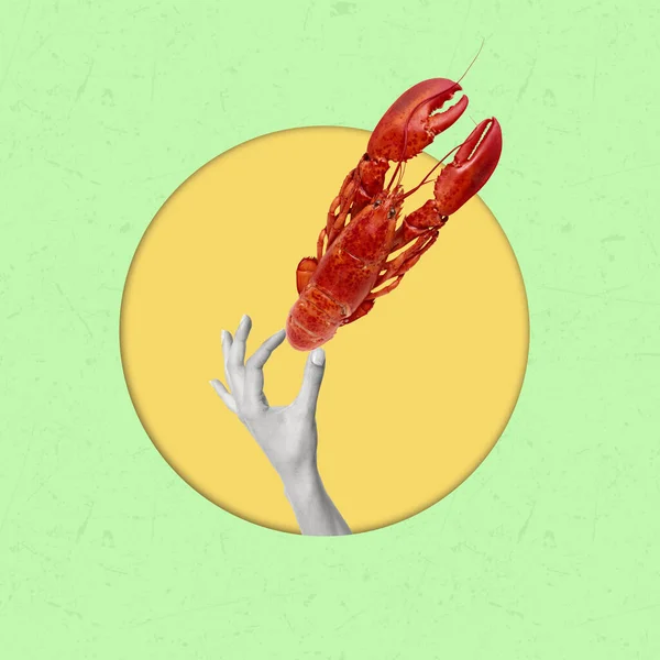 Colagem Arte Contemporânea Mãos Segurando Lagosta Vermelha Fervida Fresca Lagosta — Fotografia de Stock