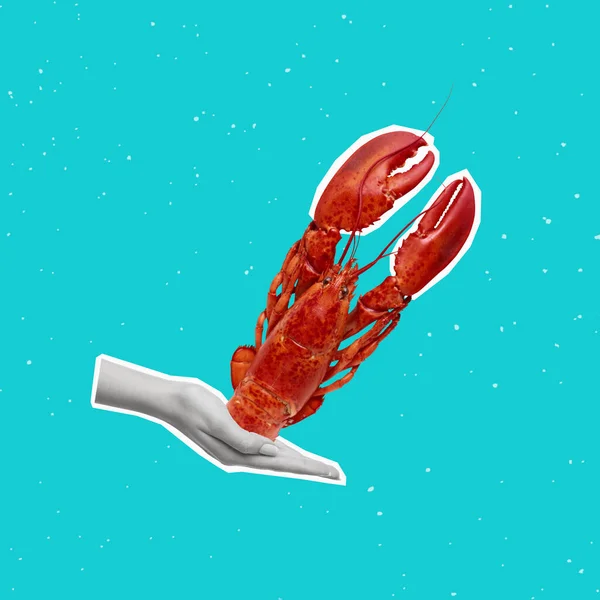 Colagem Arte Contemporânea Mão Segurando Lagostins Conceito Cozinhar Crustáceos Água — Fotografia de Stock