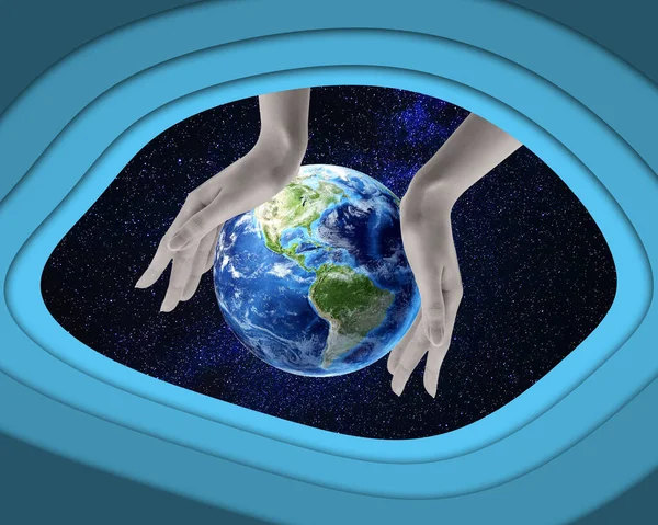 Colagem Arte Contemporânea Mãos Segurando Planeta Terra Conceito Espacial Protecção — Fotografia de Stock