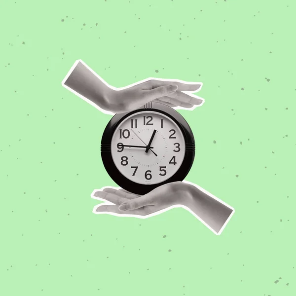 Contemporary collage of hands holding clock. The concept of time for