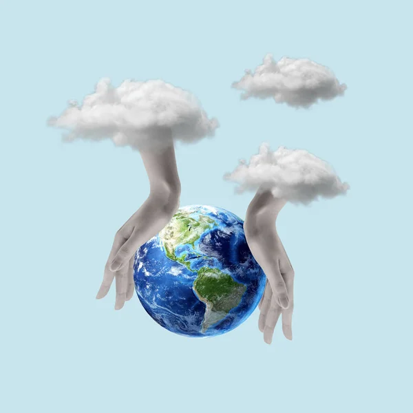 Colagem Arte Contemporânea Mãos Segurando Planeta Terra Conceito Espacial Protecção — Fotografia de Stock