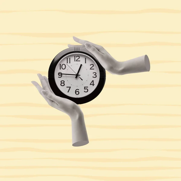 Współczesny Kolaż Rąk Trzymających Zegar Koncepcja Czasu Dla Różnych Spraw — Zdjęcie stockowe