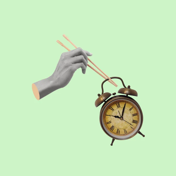 Contemporary Art Collage Hand Holding Chopsticks Alarm Clock Modern Design — Stock Photo, Image