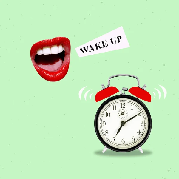 Collage Arte Contemporáneo Mano Sosteniendo Reloj Despertador Boca Gritando Hora —  Fotos de Stock