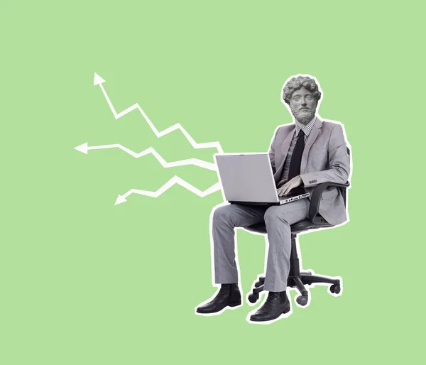 Contemporary art collage of a man headed by a statue head sitting on an office chair with a laptop with graphs and diagrams. Concept of business, finance, economy. Copy space.