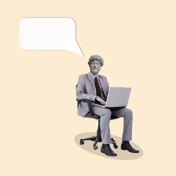 Contemporary art collage of a man headed by a statue head sitting on an office chair with a laptop and dialogue bubble. Concept of communication, news, chat. Dialog importance. Copy space.