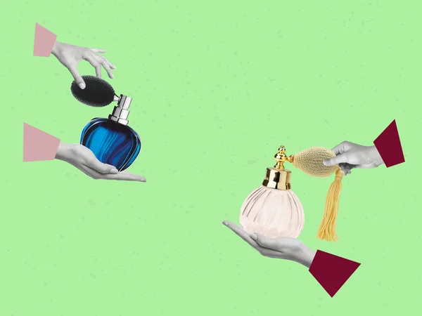 Contemporary Art Collage Human Hand Holding Women Perfume Beautiful Spray — Stok fotoğraf