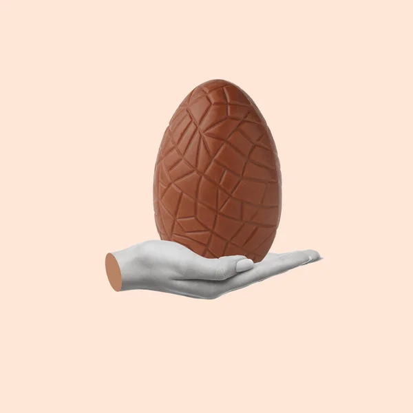 Çikolata Yumurtası Tutan Çağdaş Sanat Kolajı Paskalya Tatlıları Konsepti Boşluğu — Stok fotoğraf