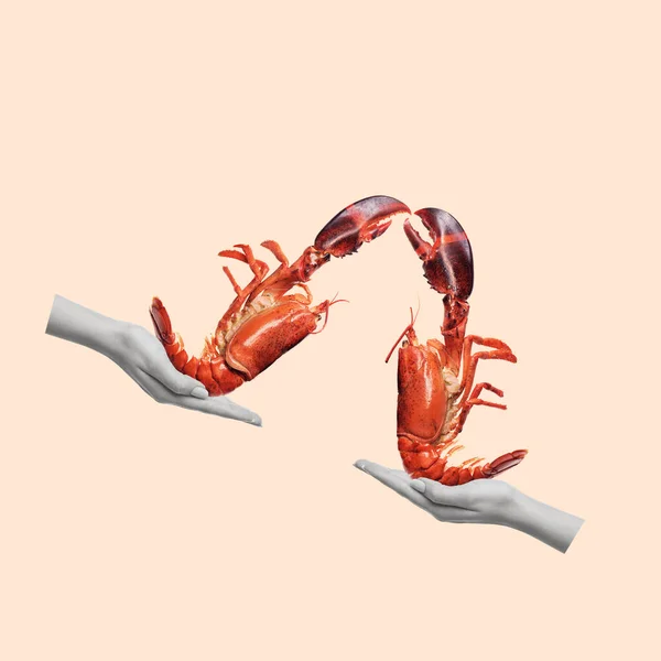 癌やロブスターを保持する手の現代美術のコラージュ 淡水魚を調理するというコンセプト モダンなデザイン 広告のコピースペース — ストック写真