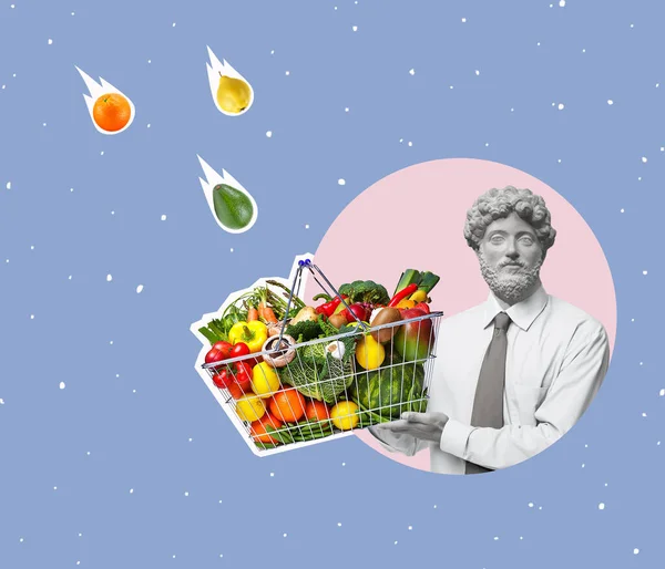 Contemporary art collage of a man headed by a statue head holding a shopping basket with fruits and vegetables. Go shopping concept. Modern design. Copy space for ad.