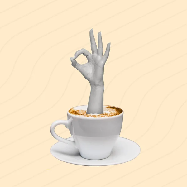 Colagem Arte Contemporânea Com Mão Mostrando Gesto Uma Xícara Café — Fotografia de Stock