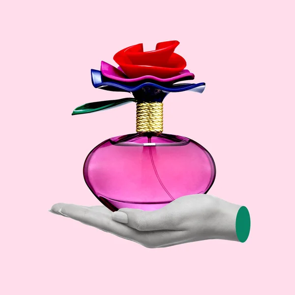 Contemporary Art Collage Human Hand Holding Women Perfume Beautiful Spray — Fotografia de Stock