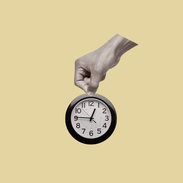 Contemporary collage of hands holding clock. The concept of time for different cases. Modern design. Copy space for ad