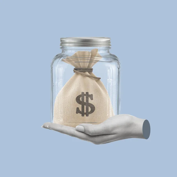 Creative art collage of a hand holding a glass jar with a bag of money. The concept of protection of profit and wealth. Modern design. Copy space.