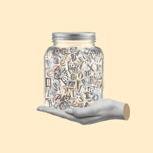 Creative Art Collage Hand Holding Glass Jar Letters Newspaper Style — Stock Photo, Image