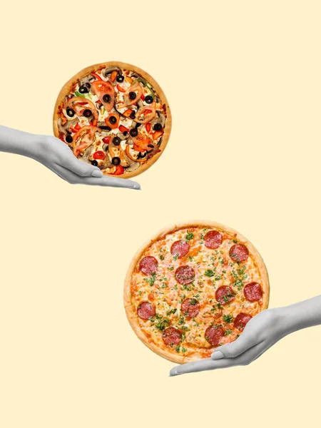 Contemporary Art Collage Hands Pizza Fast Food Time Concept Copy — Stock Photo, Image