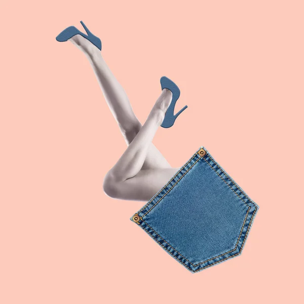 Creatieve Moderne Kunst Collage Van Jeans Zak Met Mooie Vrouwelijke — Stockfoto