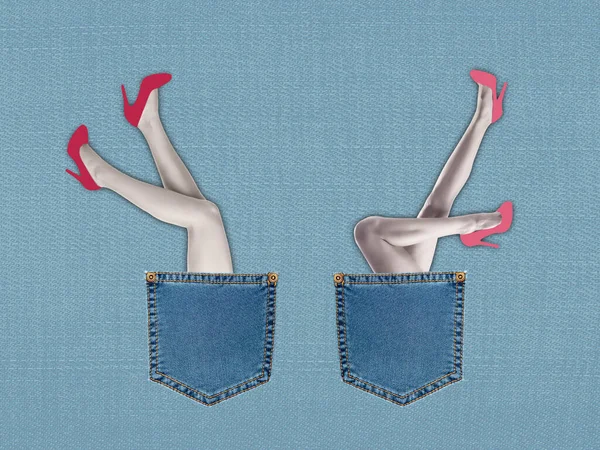 Creatieve Moderne Kunst Collage Van Jeans Zakken Met Mooie Vrouwelijke — Stockfoto