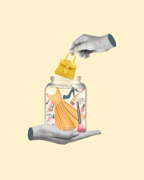 Kreativ Konst Collage Hand Som Håller Glasburk Med Kvinnors Saker — Stockfoto