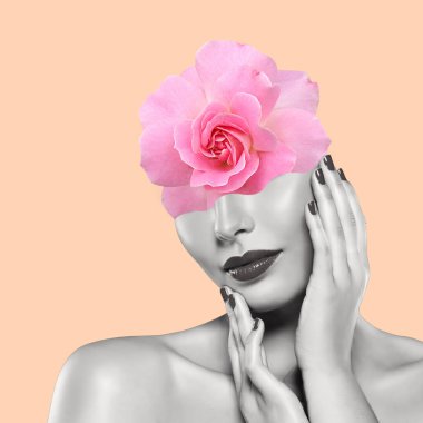 Zarif genç kadın ve gül çiçeğiyle yaratıcı sanat kolajı. Modern tasarım. İlan için alanı kopyala.