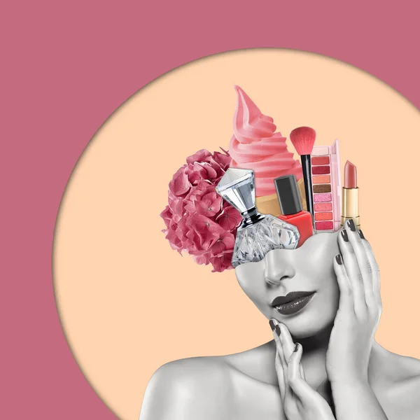 Creative Art Collage Stylish Young Woman Flower Ice Cream Cosmetics — Stock Photo, Image