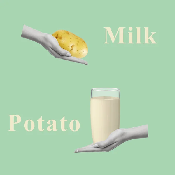 우유와 감자를 창의적 콜라주입니다 우유를 무료로 제공하는 음료이다 디자인 — 스톡 사진