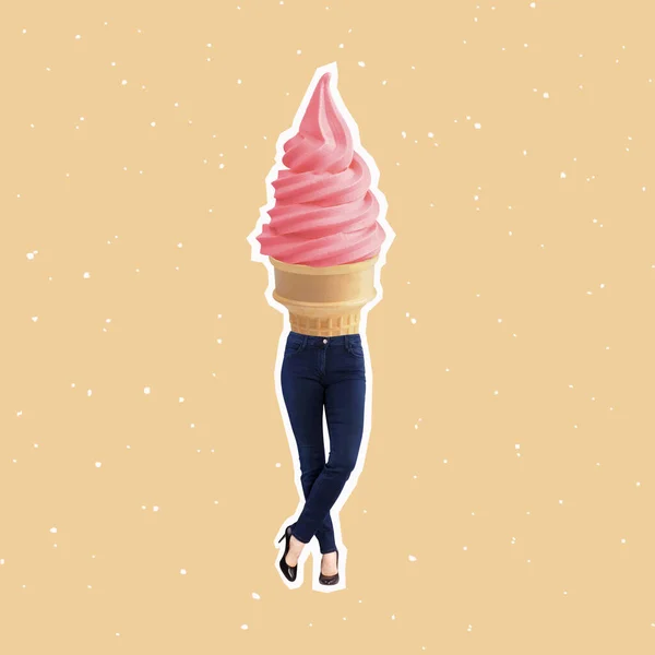 おいしいアイスクリームとジーンズに身を包んだ足の創造的なアートコラージュ 食べ物 デザート 創造性の概念 休日や愛の概念 モダンなデザイン 広告のコピースペース — ストック写真