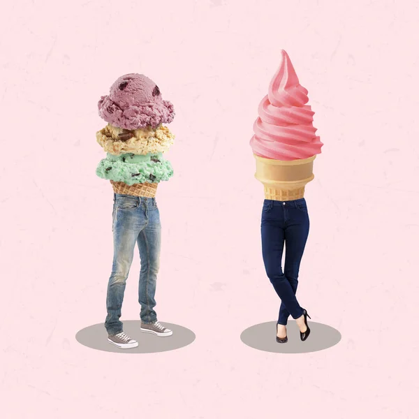 Creative Art Collage Legs Dressed Jeans Tasty Ice Cream Concept — Stock Photo, Image
