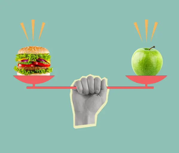 Hamburger ve elmayla el ele tutuşan çağdaş sanat kolajı. Besleyici seçenekler. Sağlıklı bir yaşam tarzı. Baştan çıkarıcı. Modern tasarım. Boşluğu kopyala.